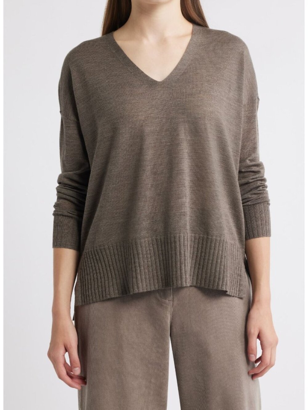 Eileen Fisher V-Neck Boxy 100% Merino Wool Sweater Truffle Size XL Minimalist